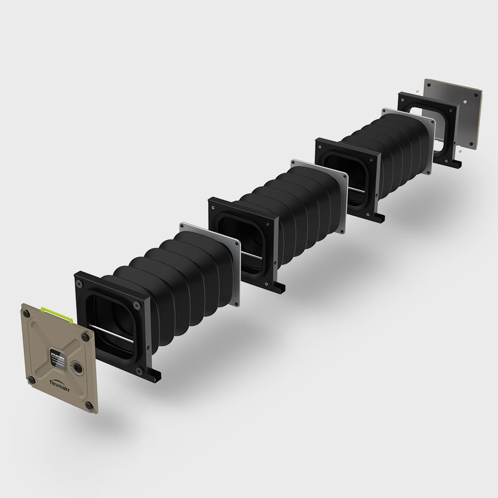 A 3D exploded view of the Flexmakr modular steam box showing the modular construction.