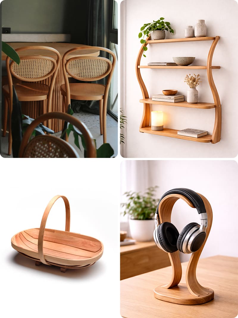 Steam bending wood project ideas- Chairs, shelf, fruit basket, headphone stand.