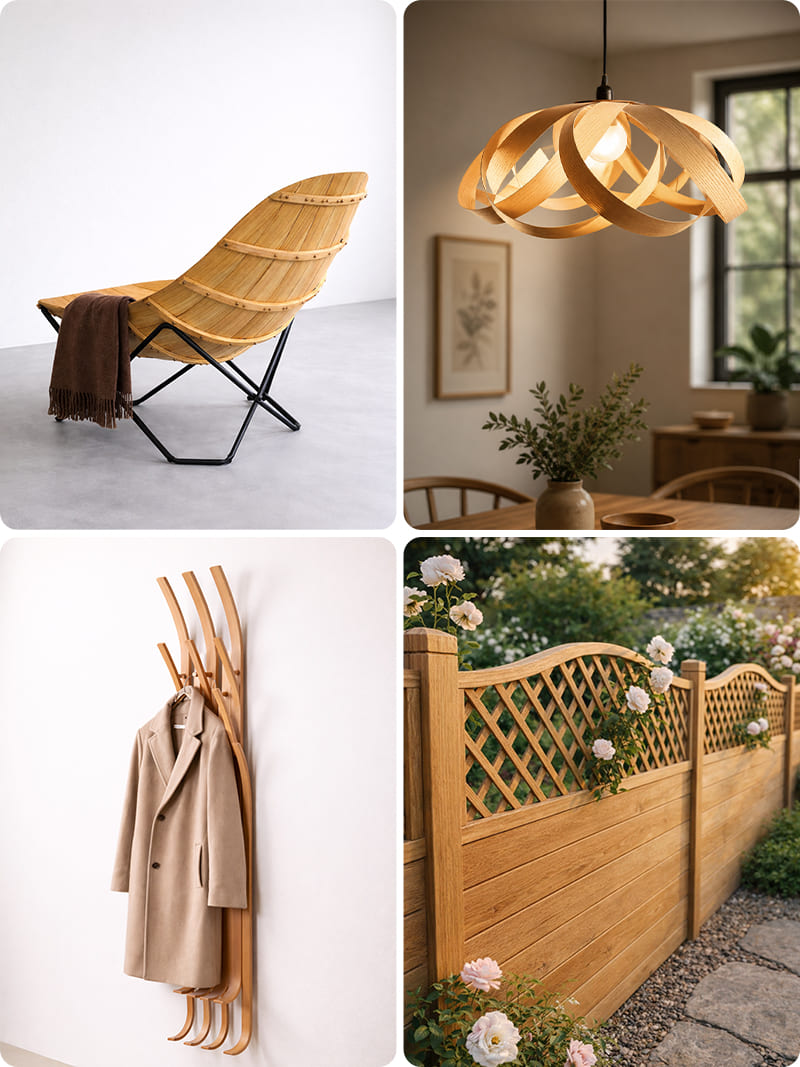 Steam bending wood project ideas- Irish chair, artisic lighting, coat hanger, curved fence.