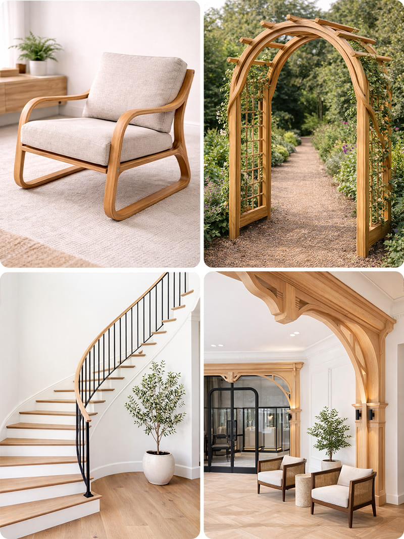 Steam bending wood project ideas- chair, wood trellis, curved staircase rail, wooden entryway.