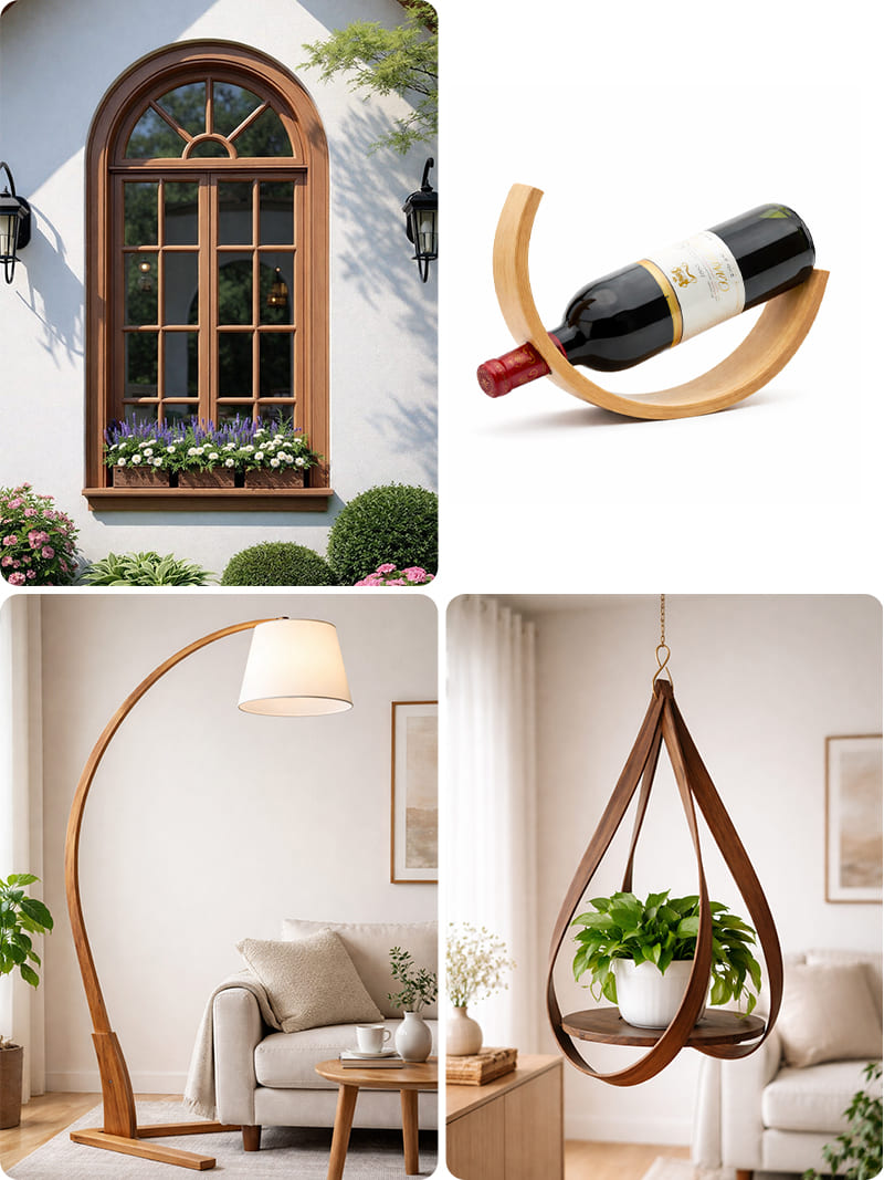 Steam bending wood project ideas- arched window frame, wine bottle holder, curved floor lamp, and a hanging planter.