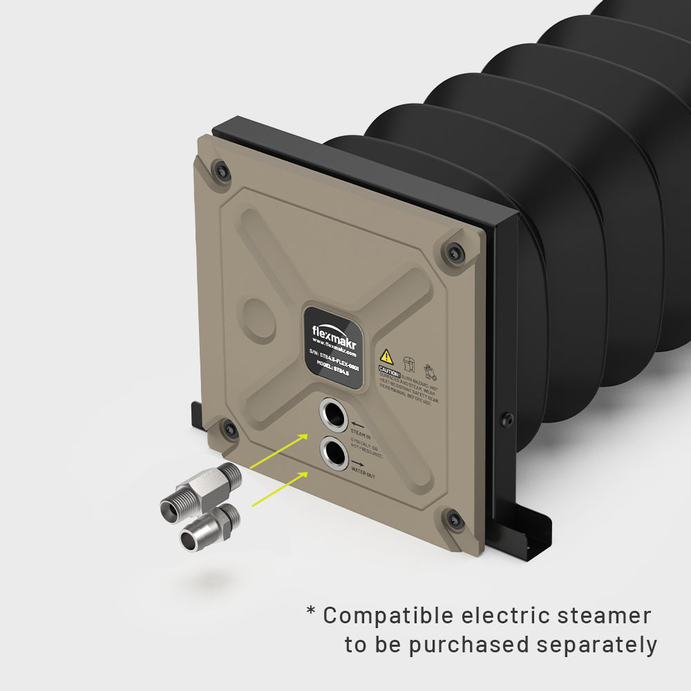 Flexmakr steam box rear door with steam inlet and water outlet.