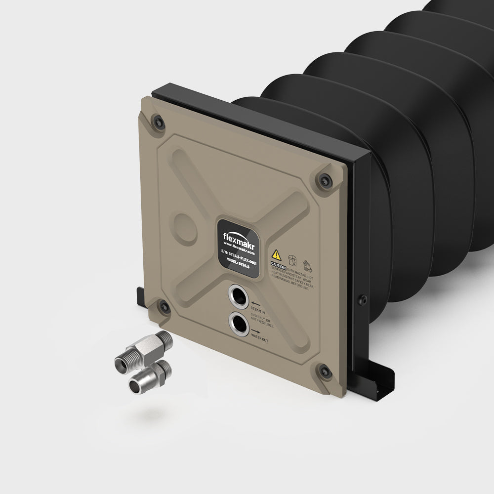 Flexmakr steam box rear door with steam inlet and water outlet.