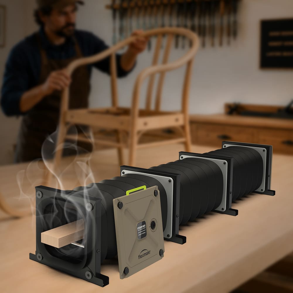 Woodworker working on a steam bent chair made using the Flexmakr modular steam box shown in foreground. 