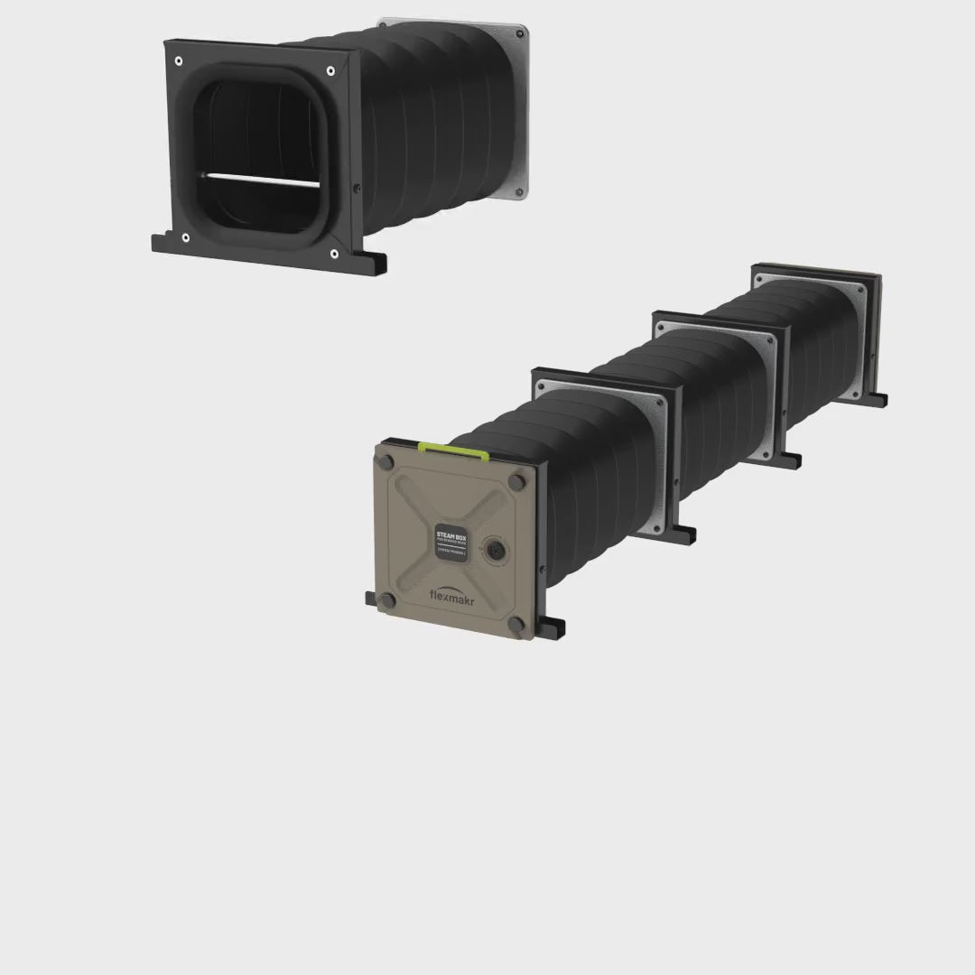 Animation showing assembly process of an extension module to increase the length of the Flexmakr steam box 
